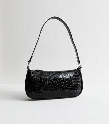 Black Faux Leather Crocodile Embossed Shoulder Bag