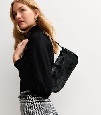 Black Faux Leather Crocodile Embossed Shoulder Bag