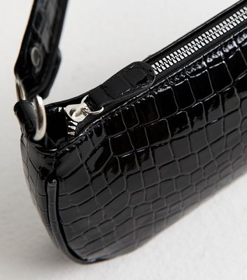 Black Faux Leather Crocodile Embossed Shoulder Bag 3 Black Faux Leather Crocodile Embossed Shoulder Bag
