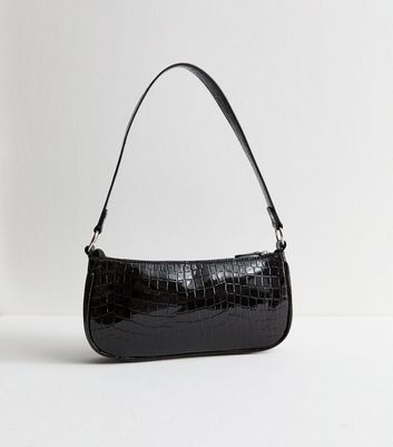 Black Faux Leather Crocodile Embossed Shoulder Bag 4 Black Faux Leather Crocodile Embossed Shoulder Bag