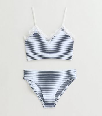 Girls Blue Striped Seamless Crop Top and Briefs Set