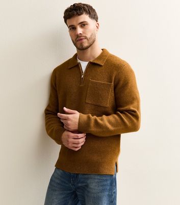 Brown Regular Fit Long Sleeve Brushed Quarter Zip Polo Knit Jumper