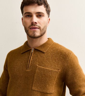 Brown Regular Fit Long Sleeve Brushed Quarter Zip Polo Knit Jumper