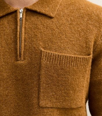Brown Regular Fit Long Sleeve Brushed Quarter Zip Polo Knit Jumper 5 Brown Regular Fit Long Sleeve Brushed Quarter Zip Polo Knit Jumper