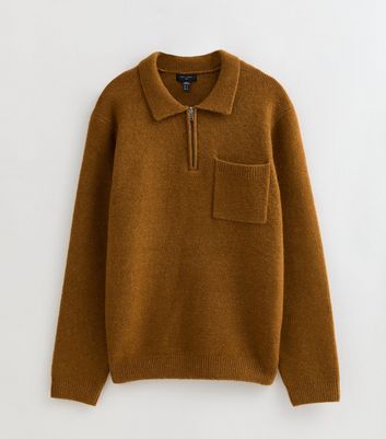 Brown Regular Fit Long Sleeve Brushed Quarter Zip Polo Knit Jumper 6 Brown Regular Fit Long Sleeve Brushed Quarter Zip Polo Knit Jumper