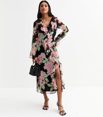 Black Chiffon Floral Print Ruffled Midi Dress