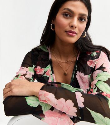 Black Chiffon Floral Print Ruffled Midi Dress