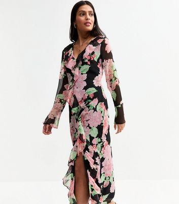 Black Chiffon Floral Print Ruffled Midi Dress