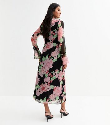 Black Chiffon Floral Print Ruffled Midi Dress