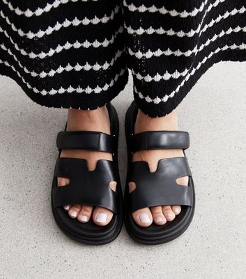 Black Leather-Look Chunky Sliders