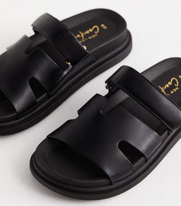 Black Leather-Look Chunky Sliders