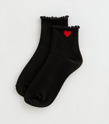 Black Embroidered Heart Frill Ankle Socks