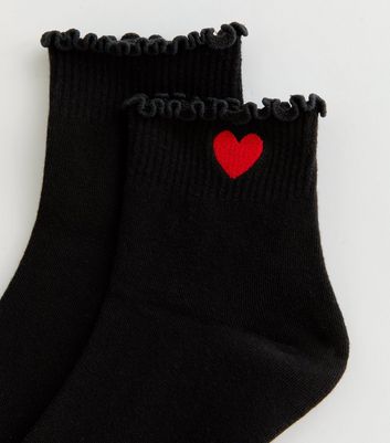 Black Embroidered Heart Frill Ankle Socks