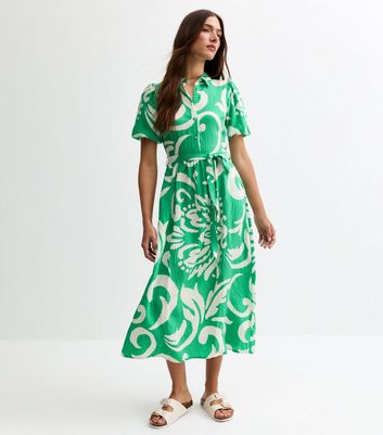 Green Swirl Print Puff Sleeve Midi Shirt Dress