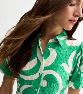 Green Swirl Print Puff Sleeve Midi Shirt Dress