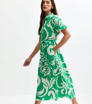 Green Swirl Print Puff Sleeve Midi Shirt Dress