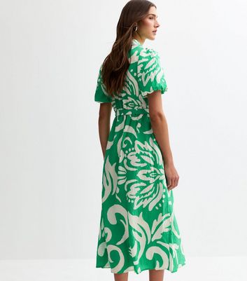 Green Swirl Print Puff Sleeve Midi Shirt Dress