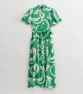 Green Swirl Print Puff Sleeve Midi Shirt Dress