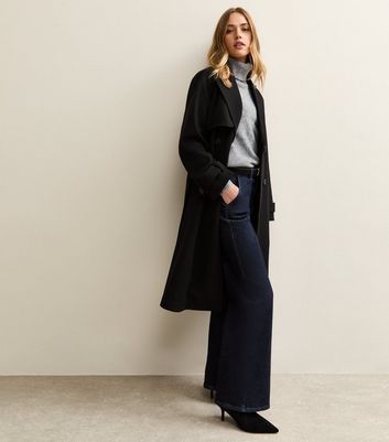 Black Brushed Double Breasted Trench Coat