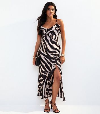 Black Zebra Print Asymmetric Frill Satin Slip Dress
