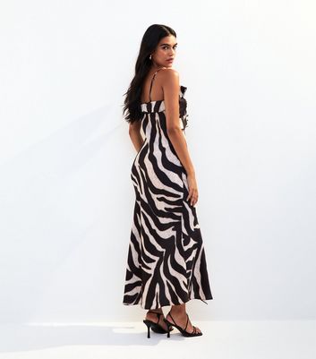 Black Zebra Print Asymmetric Frill Satin Slip Dress