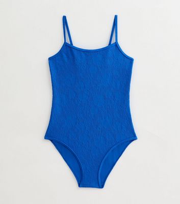 Girls Blue Textured Hibiscus Swimsuit
