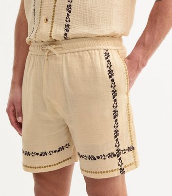Cream Regular Floral Embroidered Shorts