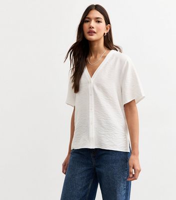 White V-Neck Button Up Top