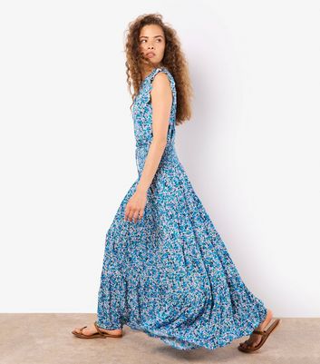 Apricot Blue Floral Print Ruffled Sleeveless Top