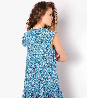 Apricot Blue Floral Print Ruffled Sleeveless Top