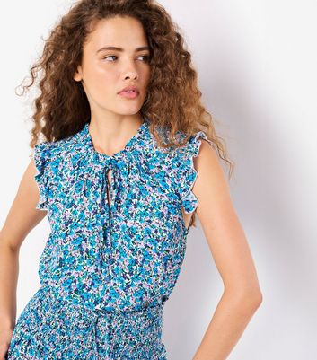 Apricot Blue Floral Print Ruffled Sleeveless Top