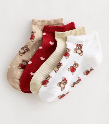 Girls Pack of 4 Brown Teddy Trainer Socks