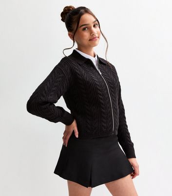 Girls Black Cable Knit Zip Through School Cardigan