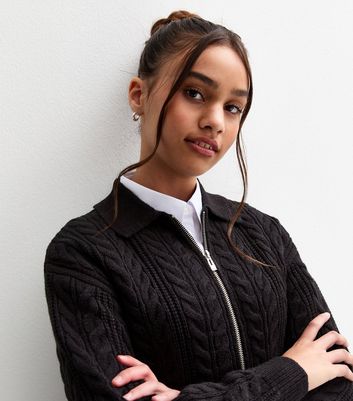 Girls Black Cable Knit Zip Through School Cardigan