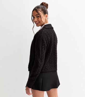 Girls Black Cable Knit Zip Through School Cardigan 4 Girls Black Cable Knit Zip Through School Cardigan