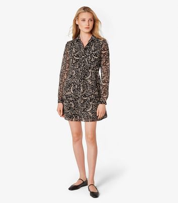 Apricot Black Bird Print Shirt Mini Dress