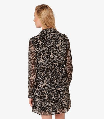 Apricot Black Bird Print Shirt Mini Dress 3 Apricot Black Bird Print Shirt Mini Dress