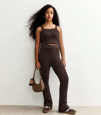 Girls Dark Brown Elasticated Waist Flared Trousers