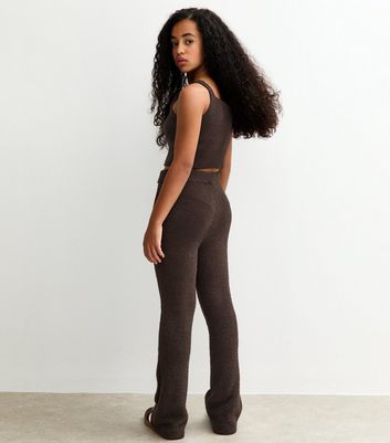 Girls Dark Brown Elasticated Waist Flared Trousers 4 Girls Dark Brown Elasticated Waist Flared Trousers