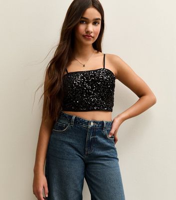 Girls Black Sequin Embellished Cami Top