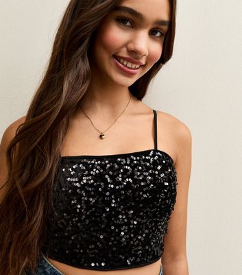 Girls Black Sequin Embellished Cami Top