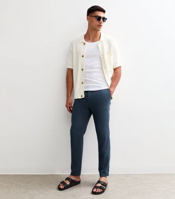 Dark Blue Regular Tapered Leg Linen Blend Trousers
