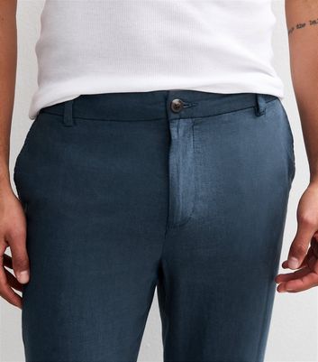 Dark Blue Regular Tapered Leg Linen Blend Trousers