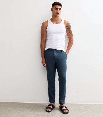 Dark Blue Regular Tapered Leg Linen Blend Trousers 3 Dark Blue Regular Tapered Leg Linen Blend Trousers