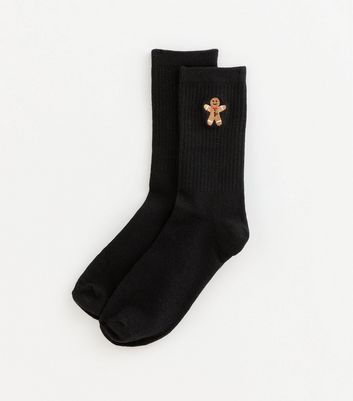 Black Embroidered Gingerbread Man Ankle Socks