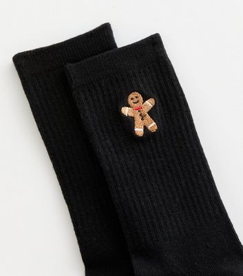 Black Embroidered Gingerbread Man Ankle Socks