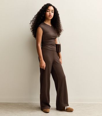 Girls Dark Brown Textured Jersey Wide Leg Trousers