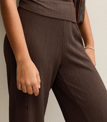 Girls Dark Brown Textured Jersey Wide Leg Trousers