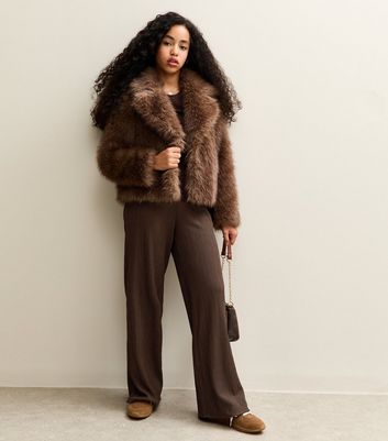 Girls Dark Brown Textured Jersey Wide Leg Trousers 3 Girls Dark Brown Textured Jersey Wide Leg Trousers