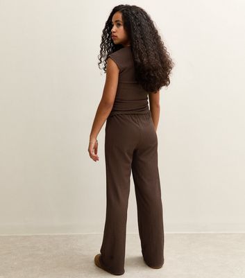 Girls Dark Brown Textured Jersey Wide Leg Trousers 4 Girls Dark Brown Textured Jersey Wide Leg Trousers
